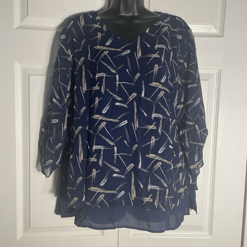 Chicos Shirt Women‎ 2/L Midnight Blue Chopsticks Layered Chiffon Blouse Boho Top